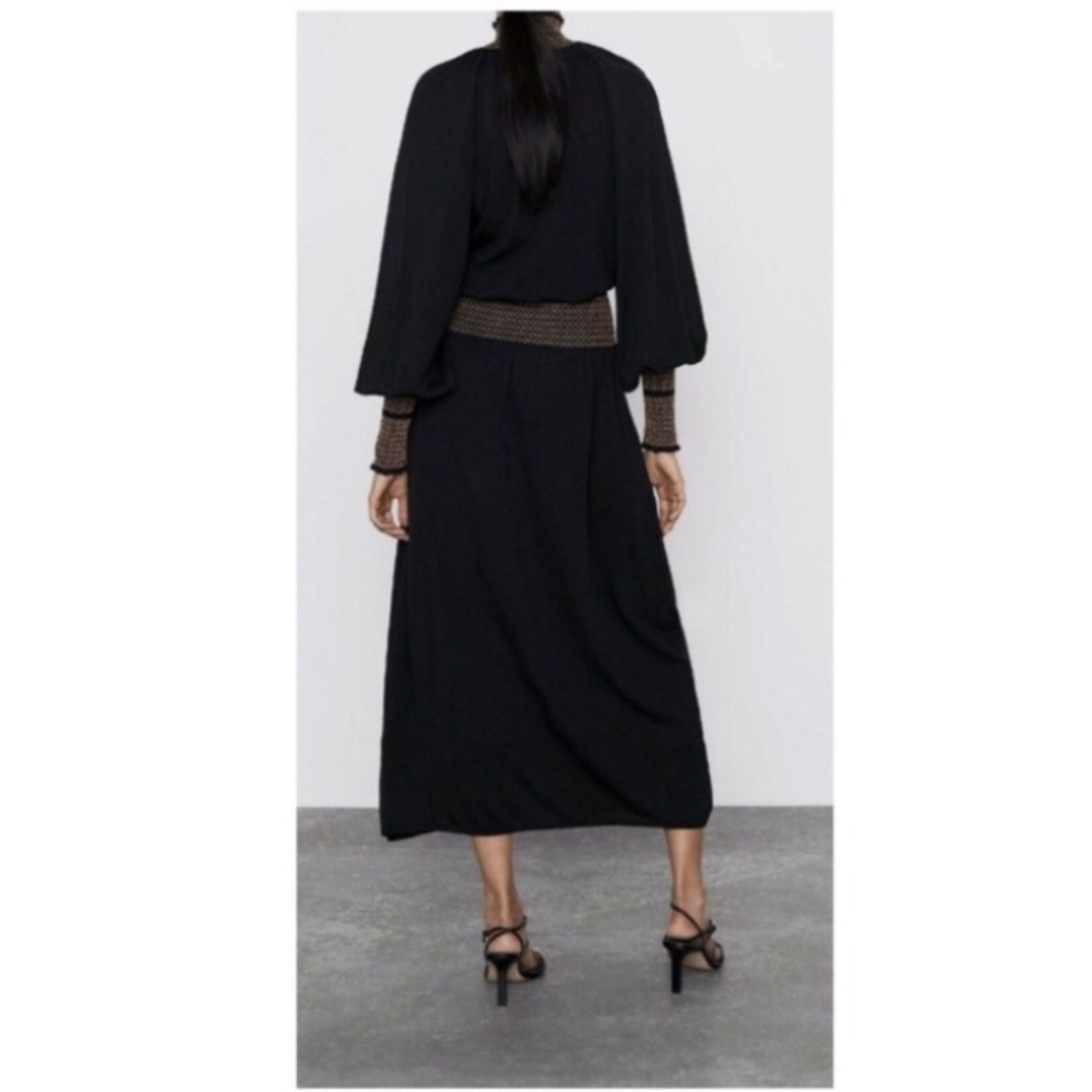 ZARA • High Collar Smocked Black Midi Dress - Picture 3 of 10